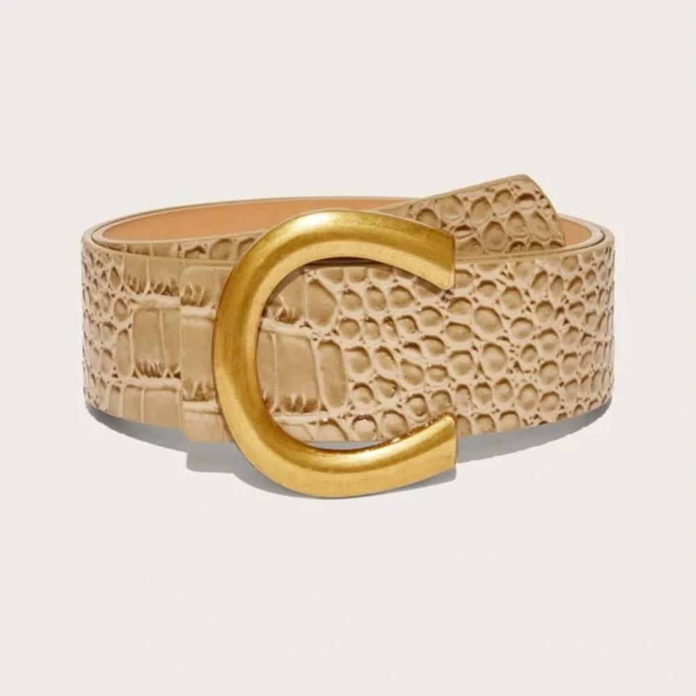 Black crocodile skin vegan leather gold buckle high waisted belt